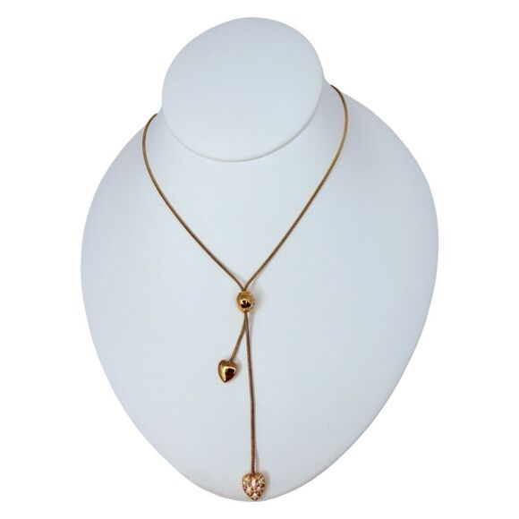 Gold Tone Double Heart Lariat Chain Necklace 22" Rhinestone Love Valentines Day - Picture 3 of 8